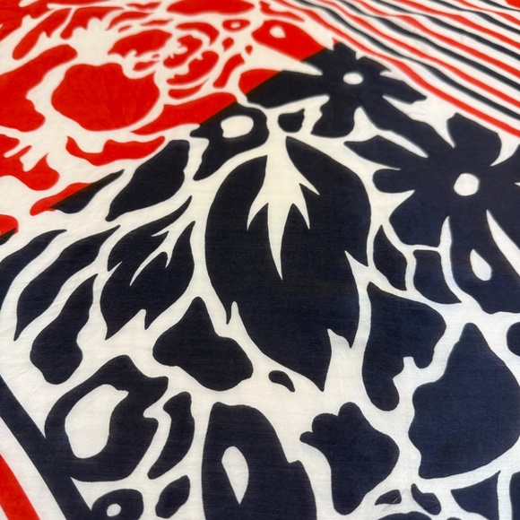 Vintage Medal Pure Silk Scarf – Red, Navy & Ivory Floral Stripe – Hand Rolled - Picture 8 of 9